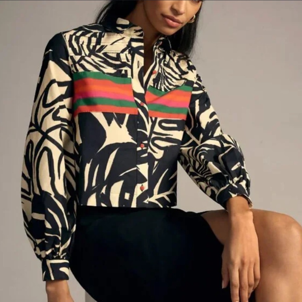 FARM Rio Black Cream Button-Down Shirt with Red, Green & Orange Stripes